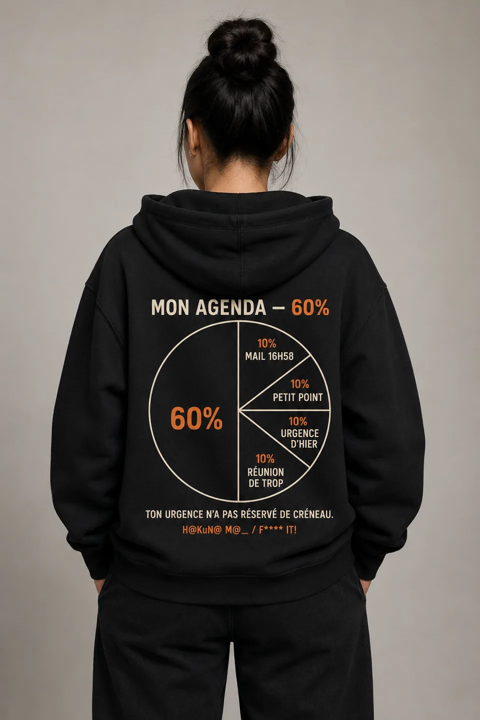 Dos du même hoodie WRK/01 — camembert imprimé « MON AGENDA — 60% » : une grande part de 60%, puis quatre parts de 10% étiquetées MAIL 16H58, PETIT POINT, URGENCE D’HIER et RÉUNION DE TROP. Dessous, la ligne : « TON URGENCE N’A PAS RÉSERVÉ DE CRÉNEAU. »